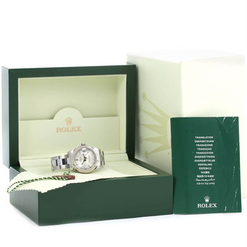 The Rolex Mid-Size 178274 Women's Stainless Steel Silver Dial 178274 Women's Stainless Steel Silver Dial model watch is displayed at an angle in an open green box with accompanying documentation and tags.