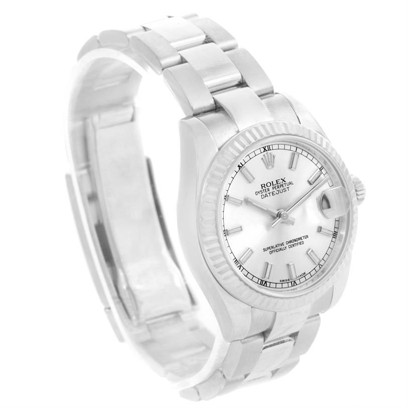 The image shows a side angle of the Rolex Mid-Size 178274 Women's Stainless Steel Silver Dial 178274 Women's Stainless Steel Silver Dial Oyster Perpetual Datejust watch, highlighting its bracelet, case, and dial.