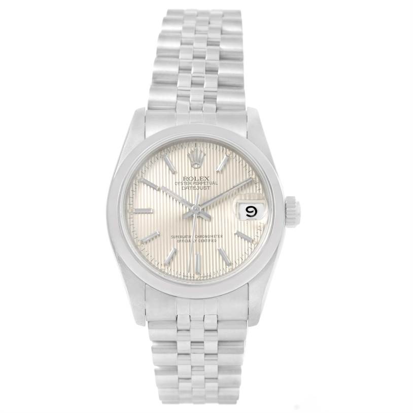 This image shows a front view of a Mid-Size Rolex Oyster Perpetual Datejust watch, featuring the dial, bracelet, and date window.