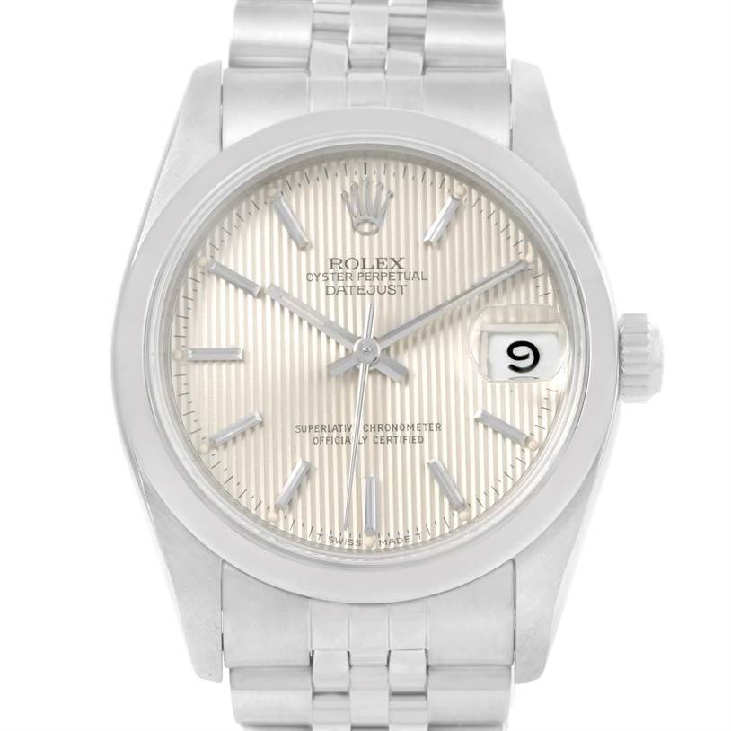 The image shows a front view of a Mid-Size Rolex Datejust watch showcasing its face, hands, date window, and bracelet.