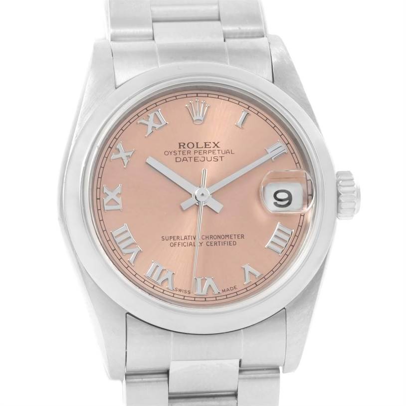 The image shows a front view of a Rolex Oyster Perpetual Datejust Mid-Size watch with a pink Roman numeral dial.
