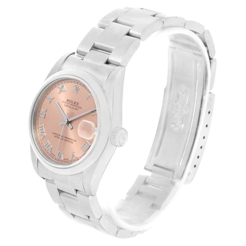 The Rolex Mid-Size 78240 Women's Stainless Steel Pink Dial 78240 Women's Stainless Steel Pink Dial watch is shown at a slight angle, displaying its face, dial, bracelet, and clasp.