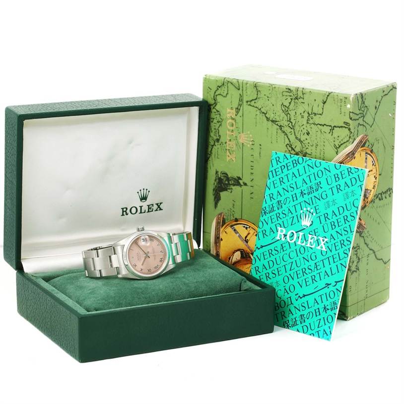The image shows a Rolex Mid-Size 78240 Women's Stainless Steel Pink Dial 78240 Women's Stainless Steel Pink Dial watch in its open box with documents and the outer packaging visible.
