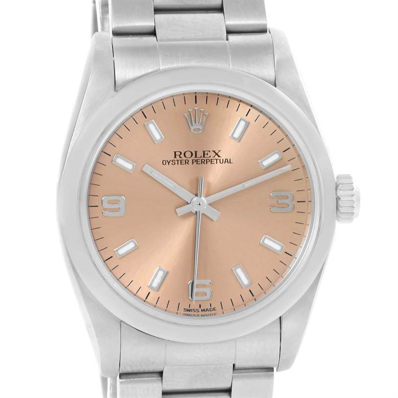 This image shows a front view of a Rolex Oyster Perpetual Mid-Size watch, highlighting its dial, indices, hands, bezel, and bracelet.