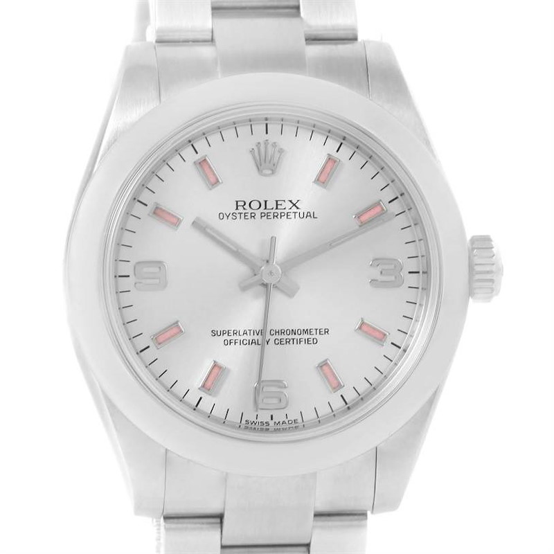 The image shows the front view of a Mid-Size Rolex Oyster Perpetual watch, focusing on its dial, case, and bracelet.