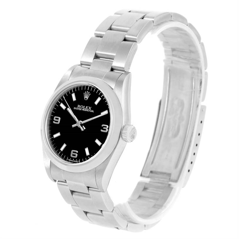 This image shows a Rolex Mid-Size 67480 Women's Stainless Steel Black Dial 67480 Women's Stainless Steel Black Dial Oyster Perpetual watch at a three-quarter angle, highlighting the dial, bracelet, and clasp.