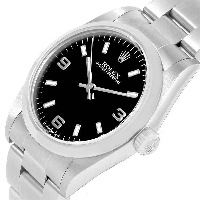 The Rolex Mid-Size 67480 Women's Stainless Steel Black Dial 67480 Women's Stainless Steel Black Dial watch is shown at an angled view, displaying its black dial, hands, crown, and part of the bracelet.