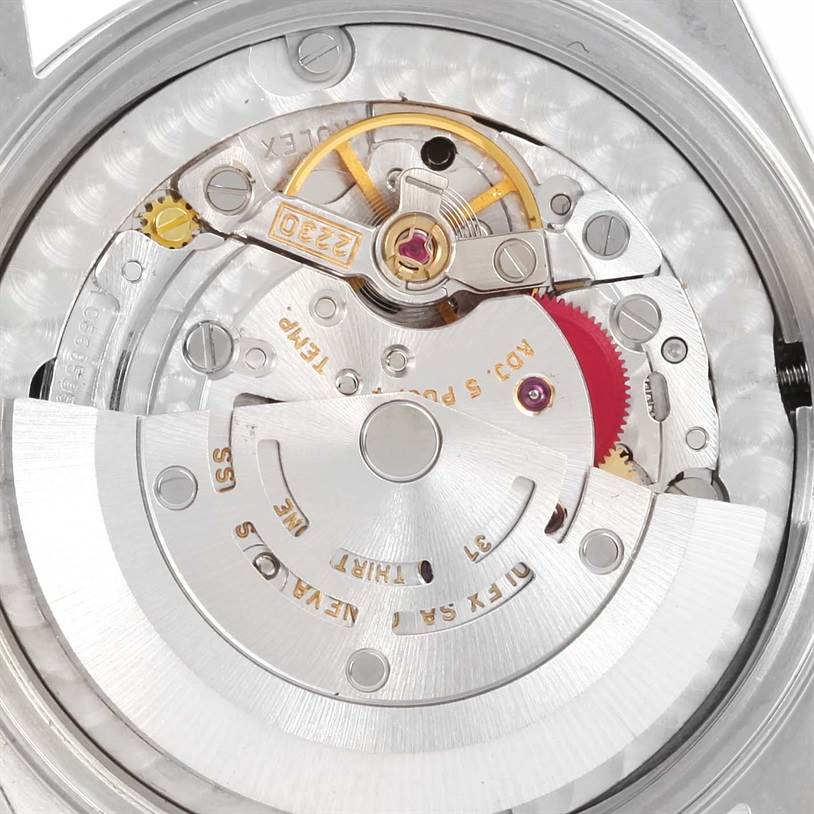 This image shows the internal movement mechanism of a Rolex Mid-Size 77080 Women's Stainless Steel Black Dial 77080 Women's Stainless Steel Black Dial model watch, viewed from the back.