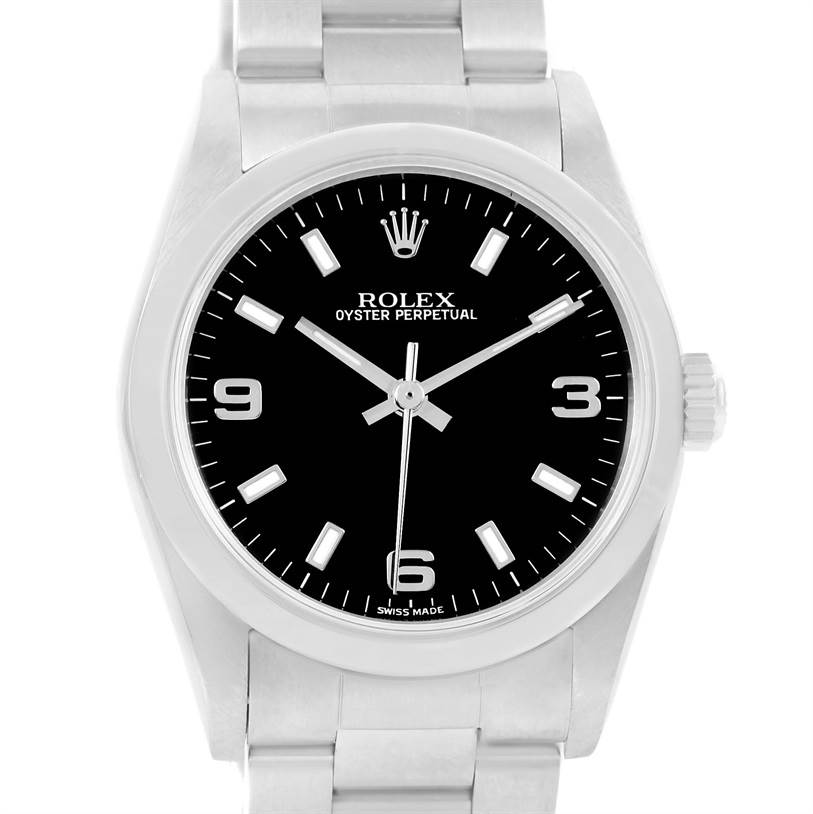 This is a front view of a Rolex Oyster Perpetual Mid-Size watch, showing the dial, hour markers, and bracelet.