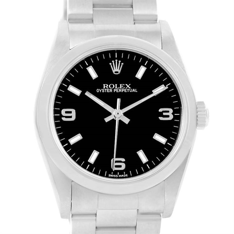 This is a front view of a Rolex Oyster Perpetual Mid-Size watch, showing the dial, hour markers, and bracelet.