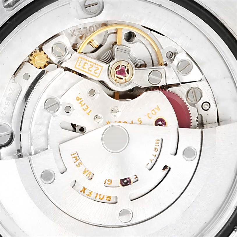 The image shows a close-up of the internal movement mechanism of a Rolex Mid-Size 177200 Women's Stainless Steel Silver Dial 177200 Women's Stainless Steel Silver Dial model watch.