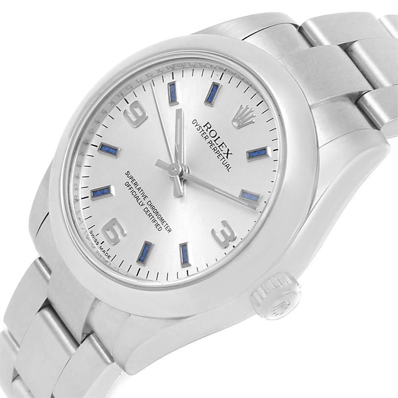 This image shows a silver Rolex Mid-Size 177200 Women's Stainless Steel Silver Dial 177200 Women's Stainless Steel Silver Dial Oyster Perpetual watch at a slight angle, displaying the face, crown, and bracelet.