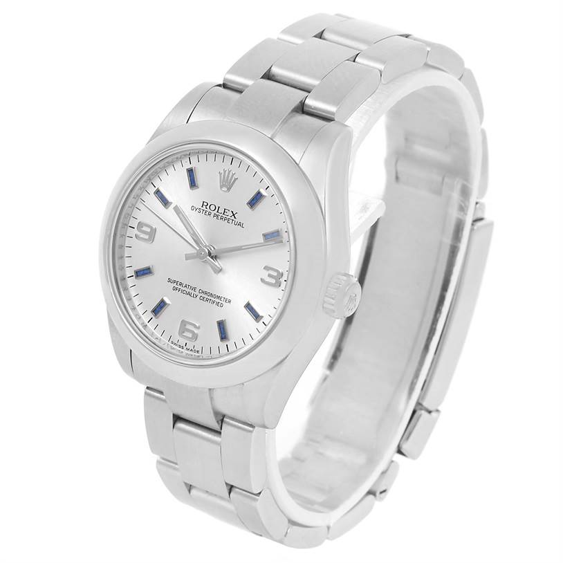 The Rolex Mid-Size 177200 Women's Stainless Steel Silver Dial 177200 Women's Stainless Steel Silver Dial model watch is shown from a front angle, highlighting the dial, case, and bracelet.