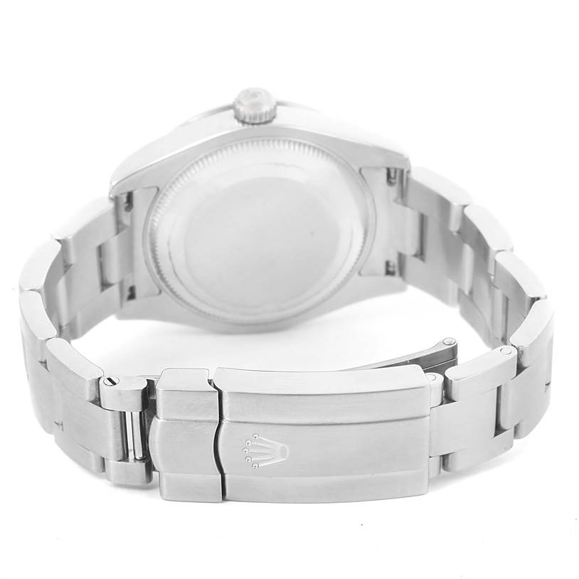 The image shows the back case, crown, and bracelet clasp of a Rolex Mid-Size 177200 Women's Stainless Steel Silver Dial 177200 Women's Stainless Steel Silver Dial model watch.