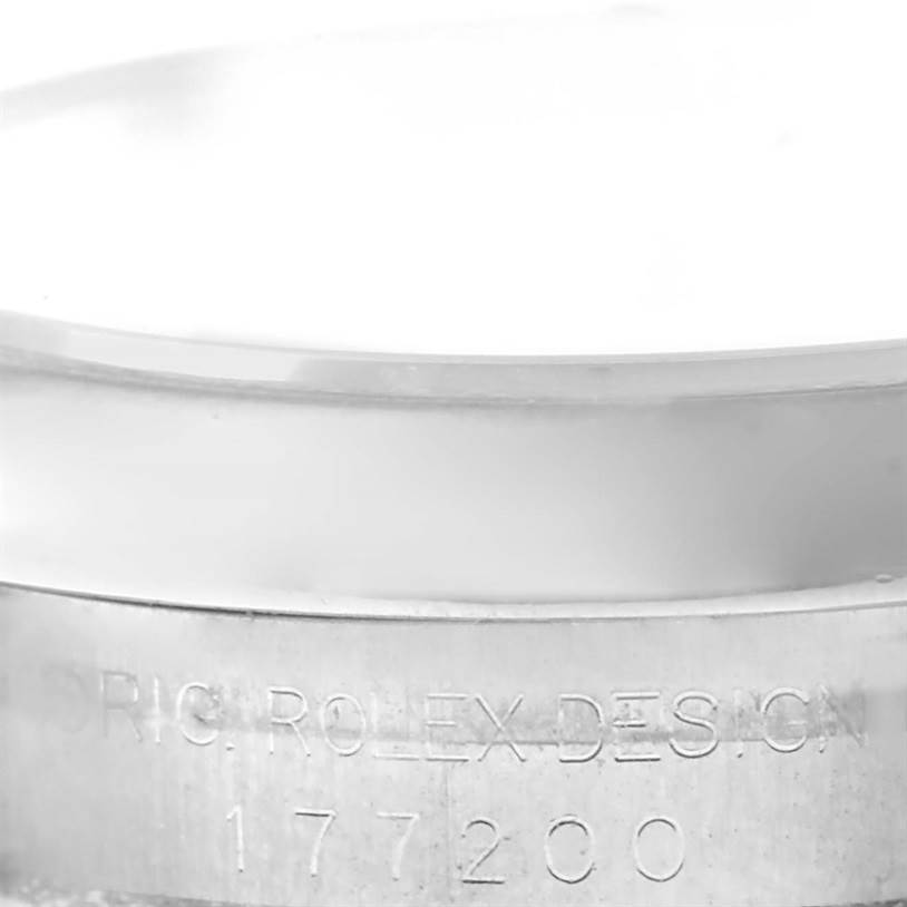 The image shows a detailed view of the case side of the Rolex Mid-Size 177200 Women's Stainless Steel Silver Dial 177200 Women's Stainless Steel Silver Dial model, featuring the model number engraved.