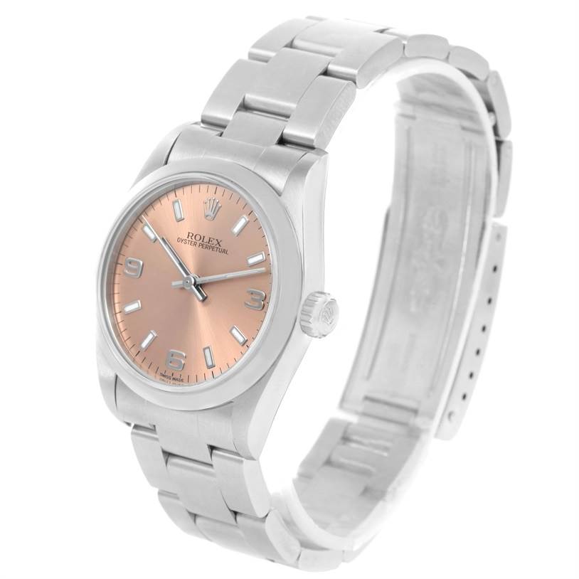 This image shows a Rolex Mid-Size 77080 Women's Stainless Steel Pink Dial 77080 Women's Stainless Steel Pink Dial model watch in a three-quarter angle, highlighting the face, bezel, case, and bracelet.