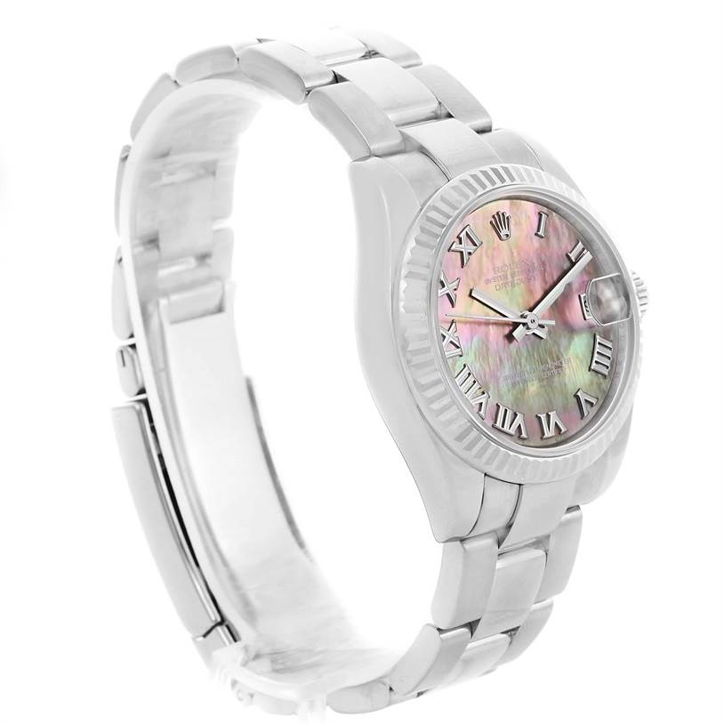 The image shows a side angle of the Rolex Mid-Size 178274 Women's Stainless Steel Mother of Pearl Dial 178274 Women's Stainless Steel Mother of Pearl Dial model watch, highlighting its metallic band, clasp, and colored Roman numeral dial.