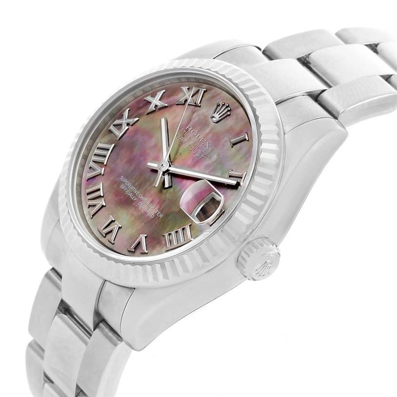 This image shows a side angle of the Rolex Mid-Size 178274 Women's Stainless Steel Mother of Pearl Dial 178274 Women's Stainless Steel Mother of Pearl Dial model, highlighting the crown, bezel, bracelet, and mother-of-pearl dial with Roman numerals.