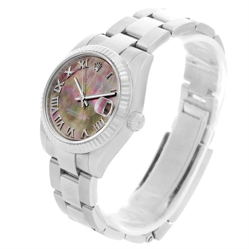 The Rolex Mid-Size 178274 Women's Stainless Steel Mother of Pearl Dial 178274 Women's Stainless Steel Mother of Pearl Dial model watch is shown at an angle highlighting the dial, fluted bezel, and bracelet.