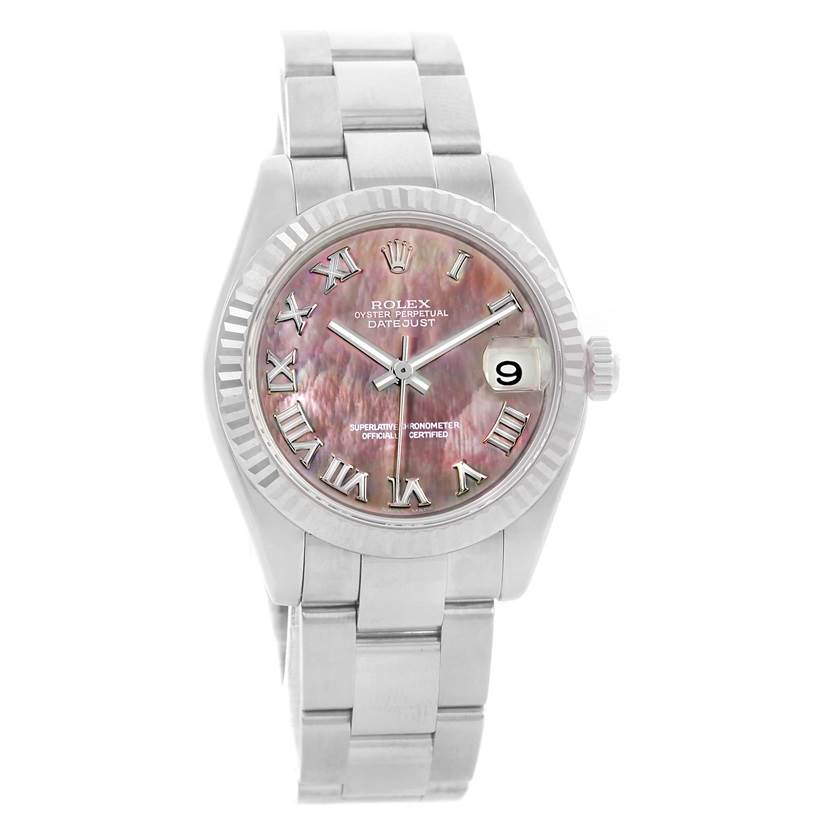 This image shows a front view of a mid-size Rolex Oyster Perpetual Datejust watch with a stainless steel bracelet and a mother-of-pearl dial.