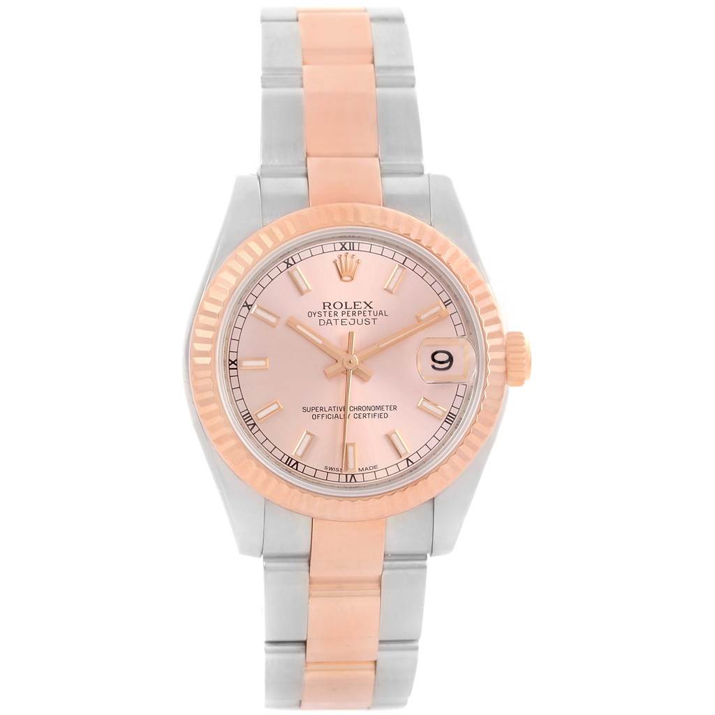 This image shows a front view of a Rolex Mid-Size 178271 Women's Steel and Gold (two tone) Pink Dial 178271 Women's Steel and Gold (two tone) Pink Dial Oyster Perpetual Datejust with a pink dial and two-tone bracelet.