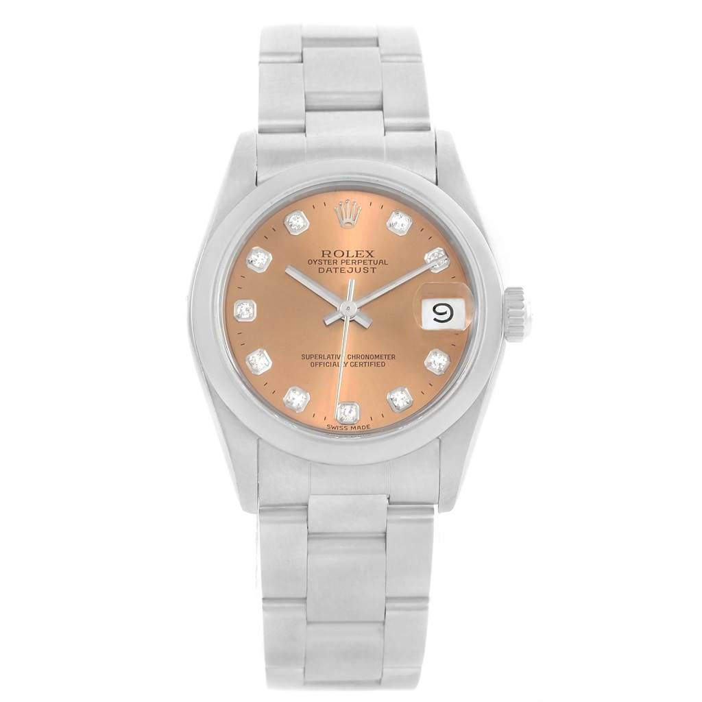 This image shows a front view of a Mid-Size Rolex Datejust watch with a champagne dial and stainless steel bracelet.