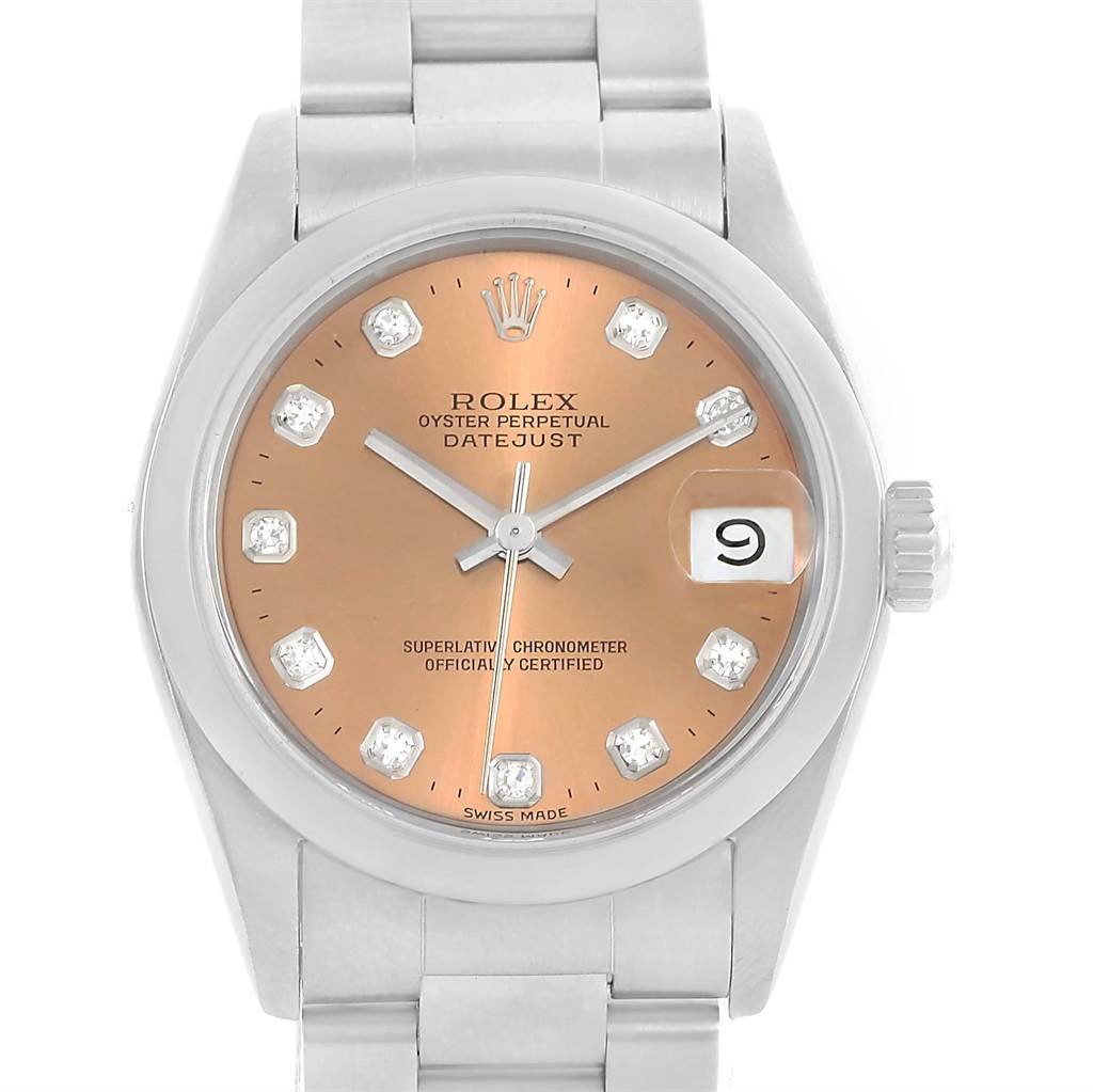 This is a front view of the Rolex Mid-Size 68240 Women's Stainless Steel Brown Dial 68240 Women's Stainless Steel Brown Dial Oyster Perpetual Datejust watch, showcasing its dial, crown, and bracelet.