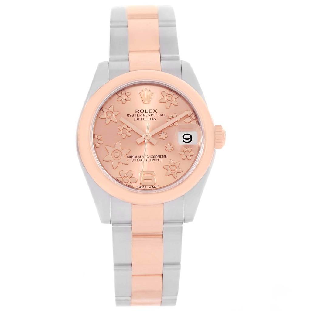 This image shows a front view of a Rolex Mid-Size 178241 Women's Steel and Gold (two tone) Pink Dial 178241 Women's Steel and Gold (two tone) Pink Dial Oyster Perpetual Datejust watch with a floral-patterned dial and two-tone bracelet.
