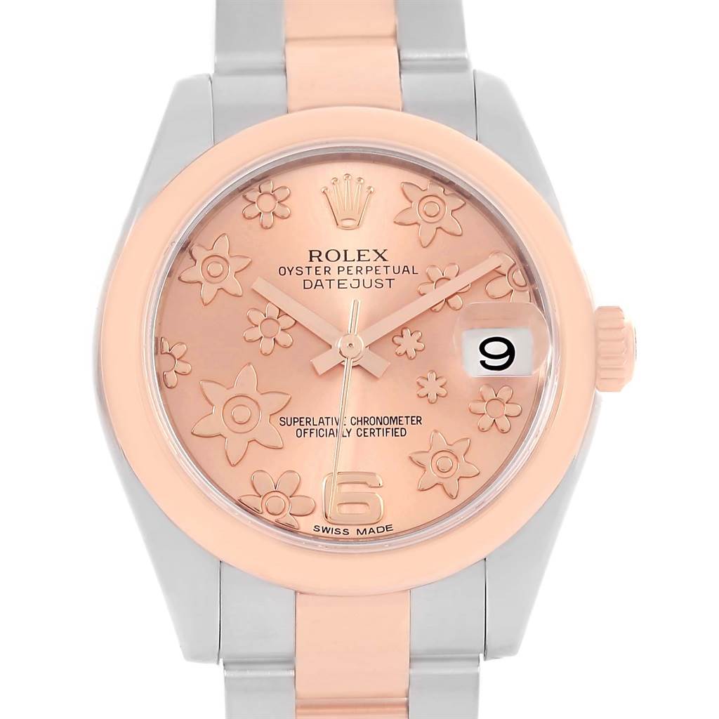 The image shows a front view of a Rolex Mid-Size 178241 Women's Steel and Gold (two tone) Pink Dial 178241 Women's Steel and Gold (two tone) Pink Dial Oyster Perpetual Datejust watch, highlighting the dial, bezel, and part of the bracelet.