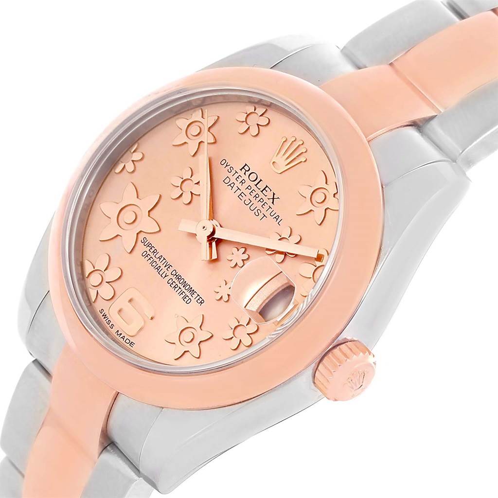 This image shows a close-up of the dial, bezel, crown, and part of the bracelet of a Rolex Mid-Size 178241 Women's Steel and Gold (two tone) Pink Dial 178241 Women's Steel and Gold (two tone) Pink Dial Oyster Perpetual Datejust.