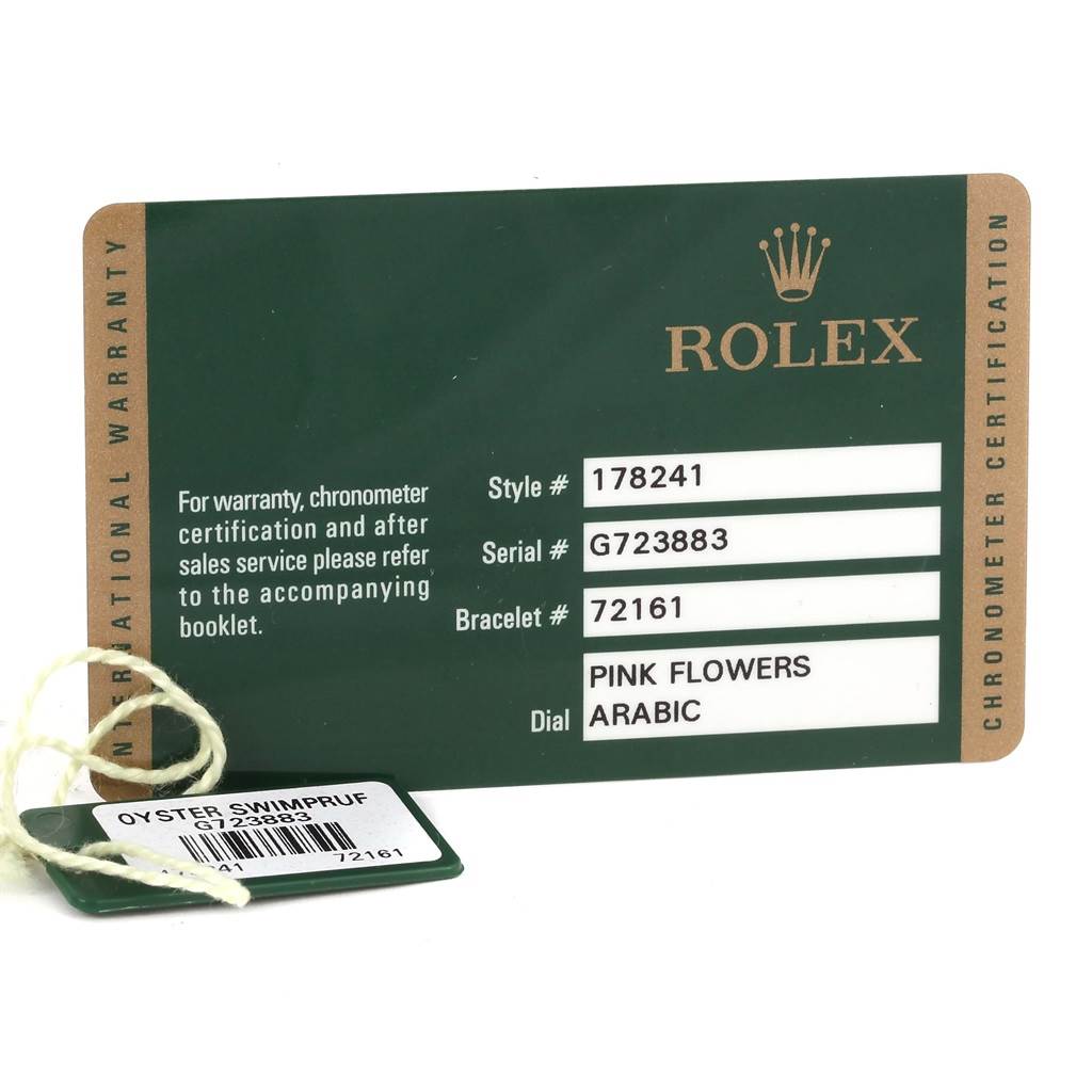 The image shows the warranty card and Swimpruf tag for a Mid-Size Rolex watch, Model 178241, with the style, serial, bracelet, and dial information.