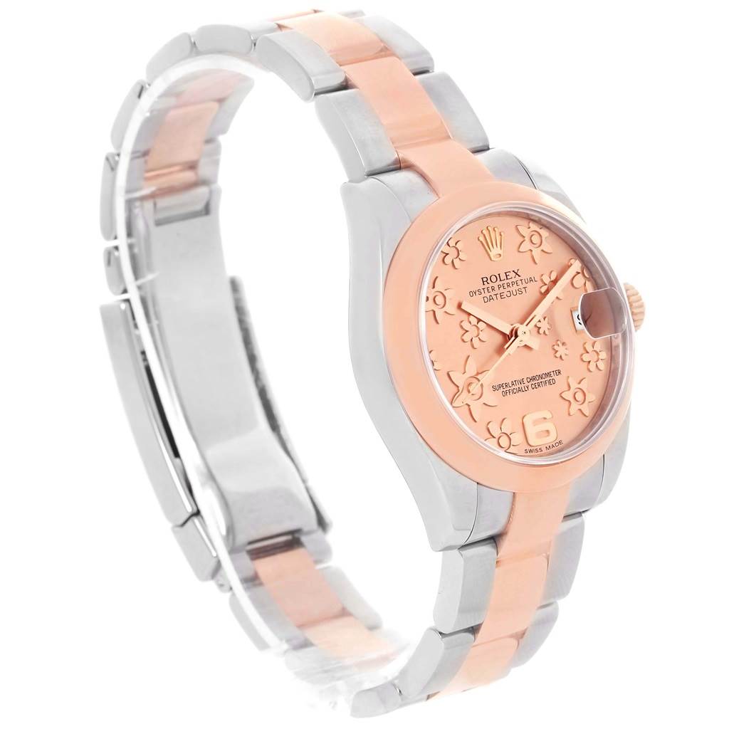 The image shows a Rolex Mid-Size 178241 Women's Steel and Gold (two tone) Pink Dial 178241 Women's Steel and Gold (two tone) Pink Dial Datejust watch from an angled side view, highlighting its rose gold dial and two-tone bracelet.