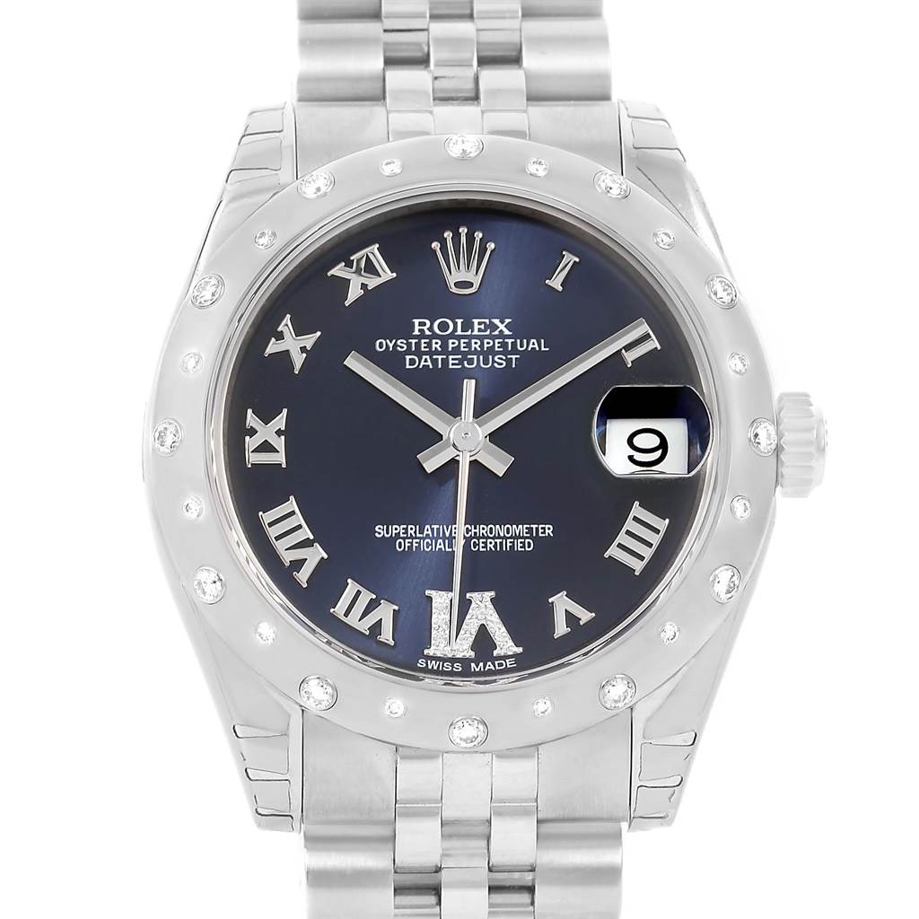 This image shows a frontal view of the Rolex Oyster Perpetual Datejust Mid-Size model, highlighting the watch face, bezel, and band.