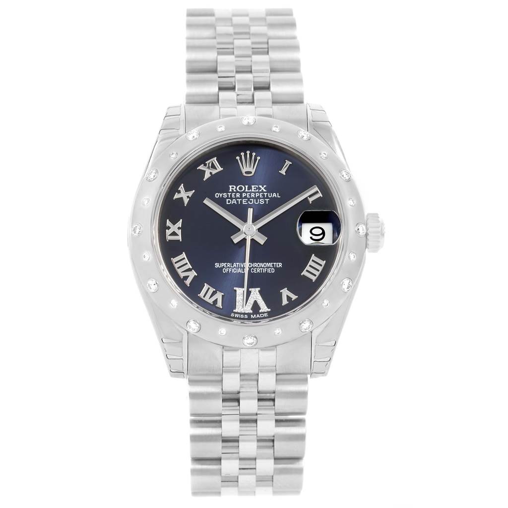 This is a front view of a Rolex Oyster Perpetual Datejust Mid-Size watch, showcasing its dial, bracelet, and date window.