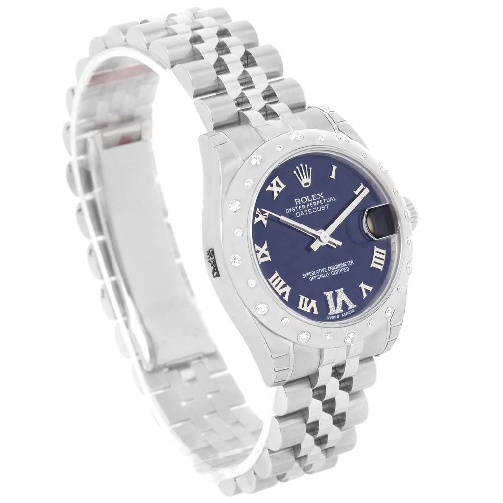 The image shows an angled top view of a Rolex Mid-Size 178344 Women's Stainless Steel Purple Dial 178344 Women's Stainless Steel Purple Dial Oyster Perpetual Datejust watch, highlighting the face, bezel, and bracelet.
