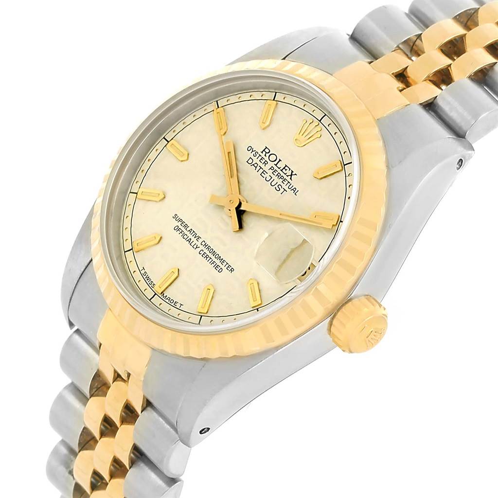 This image shows a Rolex Datejust Mid-Size watch featuring a two-tone bracelet, a gold bezel, and a cream-colored dial.