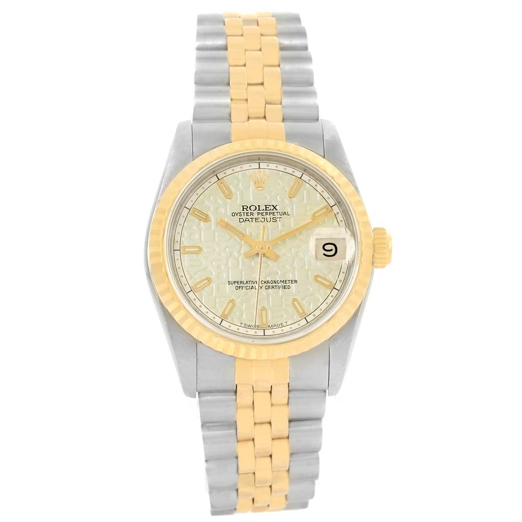 The Rolex Mid-Size 68273 Women's Steel and Gold (two tone) Beige Dial 68273 Women's Steel and Gold (two tone) Beige Dial Oyster Perpetual Datejust watch is shown from the front, displaying the face, bezel, and bracelet.