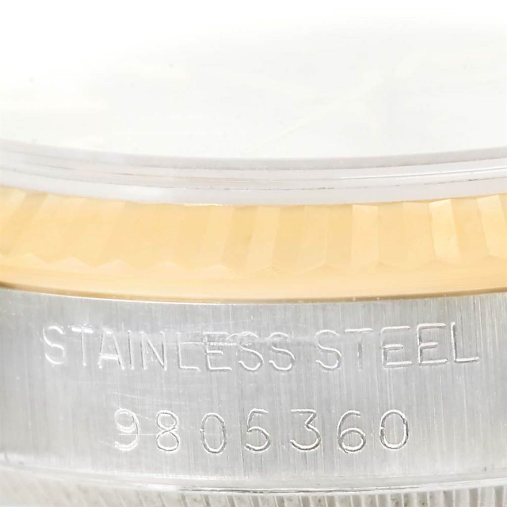 The image shows a close-up angle of a Mid-Size Rolex watch, focusing on the stainless steel case and model number 9805360.