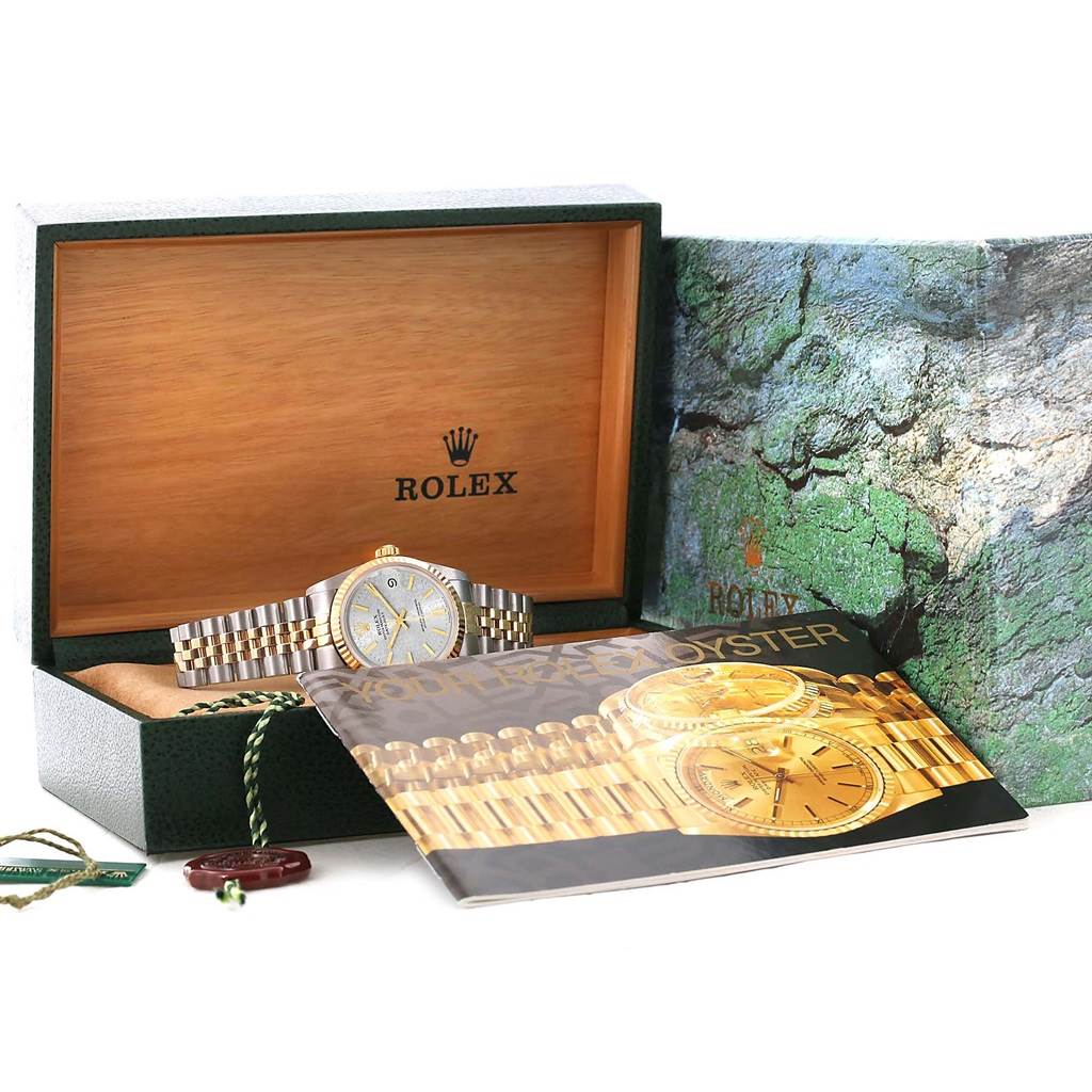 The image shows a Rolex Mid-Size 68273 Women's Steel and Gold (two tone) Silver Dial 68273 Women's Steel and Gold (two tone) Silver Dial watch in an open box with accompanying booklets and tags.
