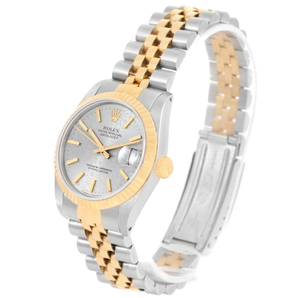 The image shows a side and front view of a Mid-Size Rolex Oyster Perpetual Datejust watch with a two-tone bracelet and fluted bezel.
