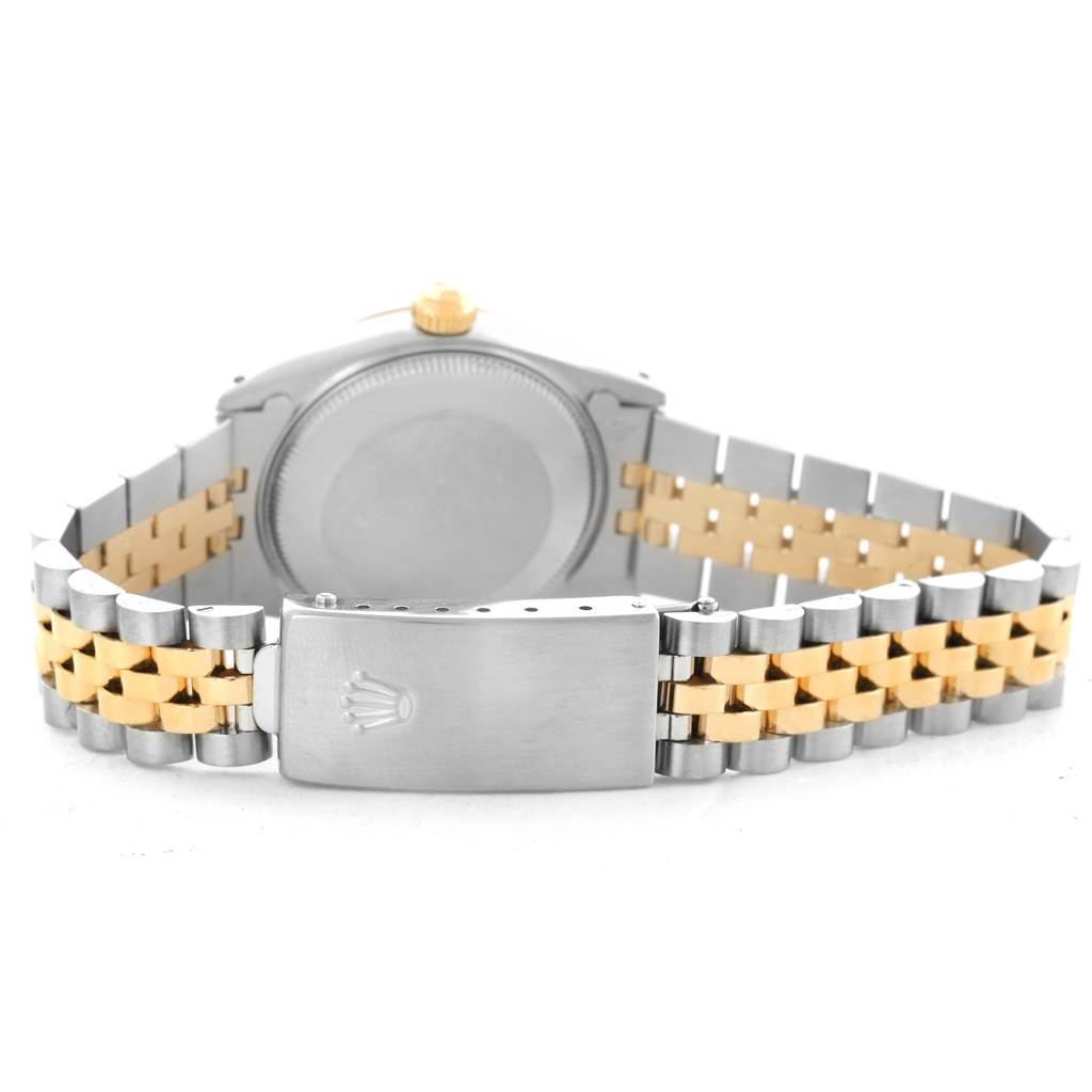 The image shows the back view of the Rolex Mid-Size 68273 Women's Steel and Gold (two tone) Silver Dial 68273 Women's Steel and Gold (two tone) Silver Dial model, focusing on the bracelet and clasp.