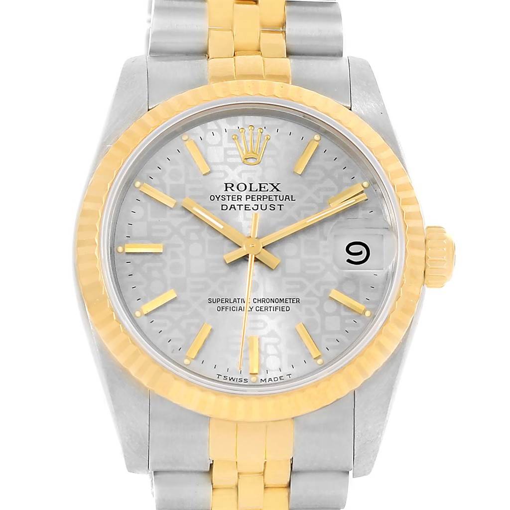 The image shows a front view of a Rolex Mid-Size 68273 Women's Steel and Gold (two tone) Silver Dial 68273 Women's Steel and Gold (two tone) Silver Dial Datejust watch, highlighting its dial, bezel, and two-tone bracelet.