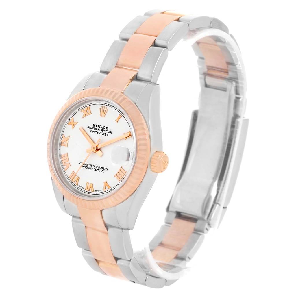 The image shows a Mid-Size Rolex Oyster Perpetual Datejust watch viewed from an angle that displays its case, dial, bezel, and bracelet.