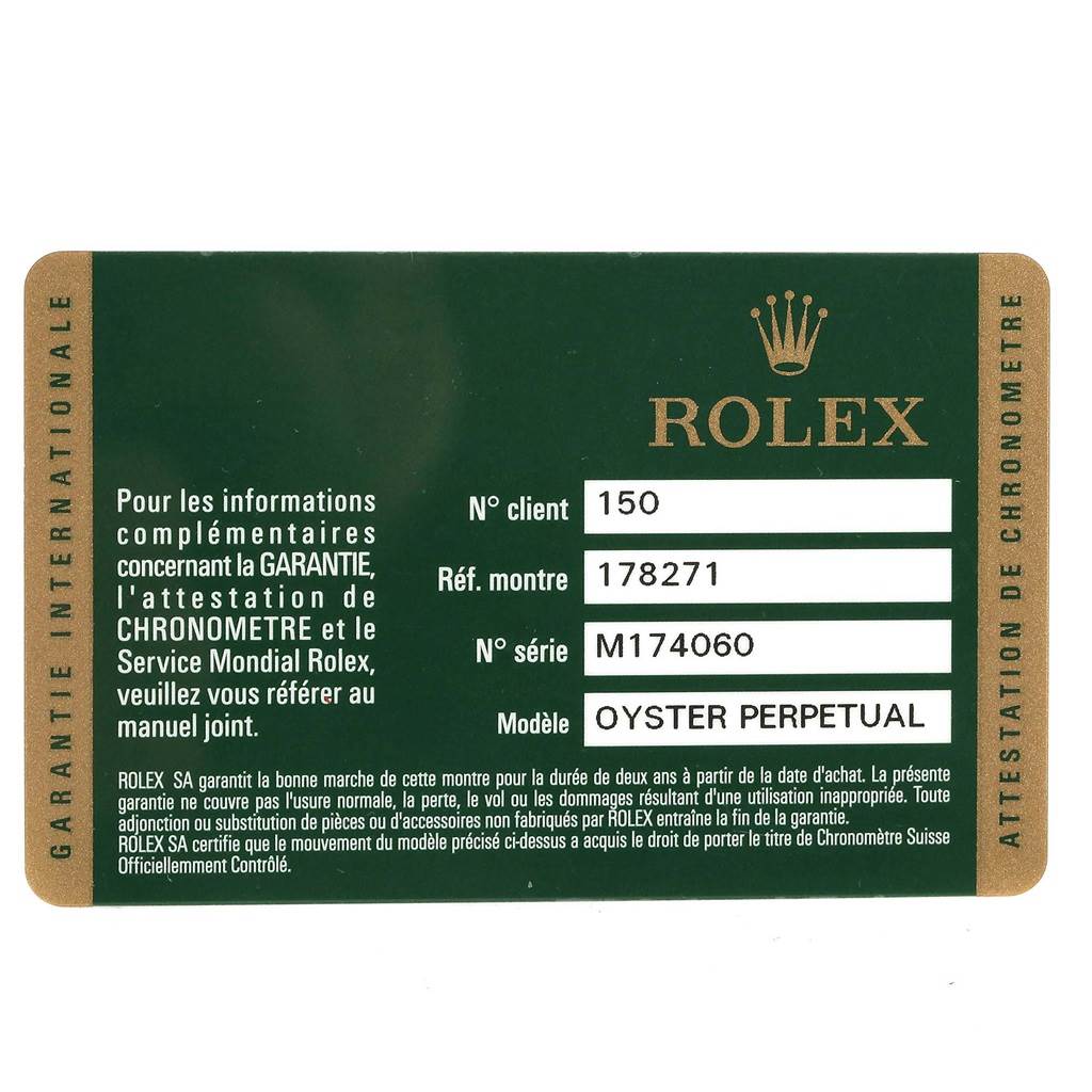 This image shows a warranty card for a Rolex Mid-Size 178271 Women's Steel and Gold (two tone) White Dial 178271 Women's Steel and Gold (two tone) White Dial model, specifically for an Oyster Perpetual watch.
