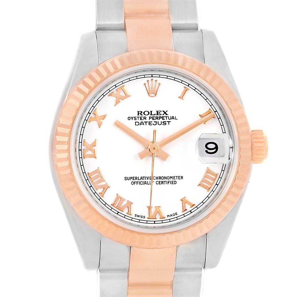 This Rolex Mid-Size 178271 Women's Steel and Gold (two tone) White Dial 178271 Women's Steel and Gold (two tone) White Dial Datejust watch is shown from the front, highlighting the face, bezel, and part of the bracelet.