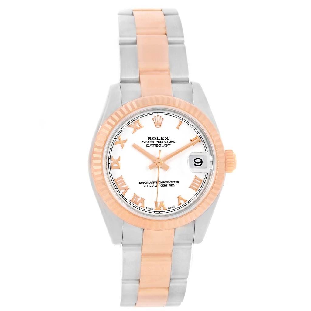 The Rolex Mid-Size 178271 Women's Steel and Gold (two tone) White Dial 178271 Women's Steel and Gold (two tone) White Dial model is shown from a top-down angle featuring the dial, bezel, and bracelet.