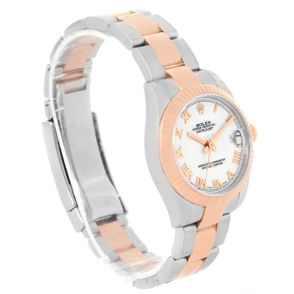This image shows a Mid-Size Rolex Datejust watch from an angled side view, highlighting its two-tone strap and round face.