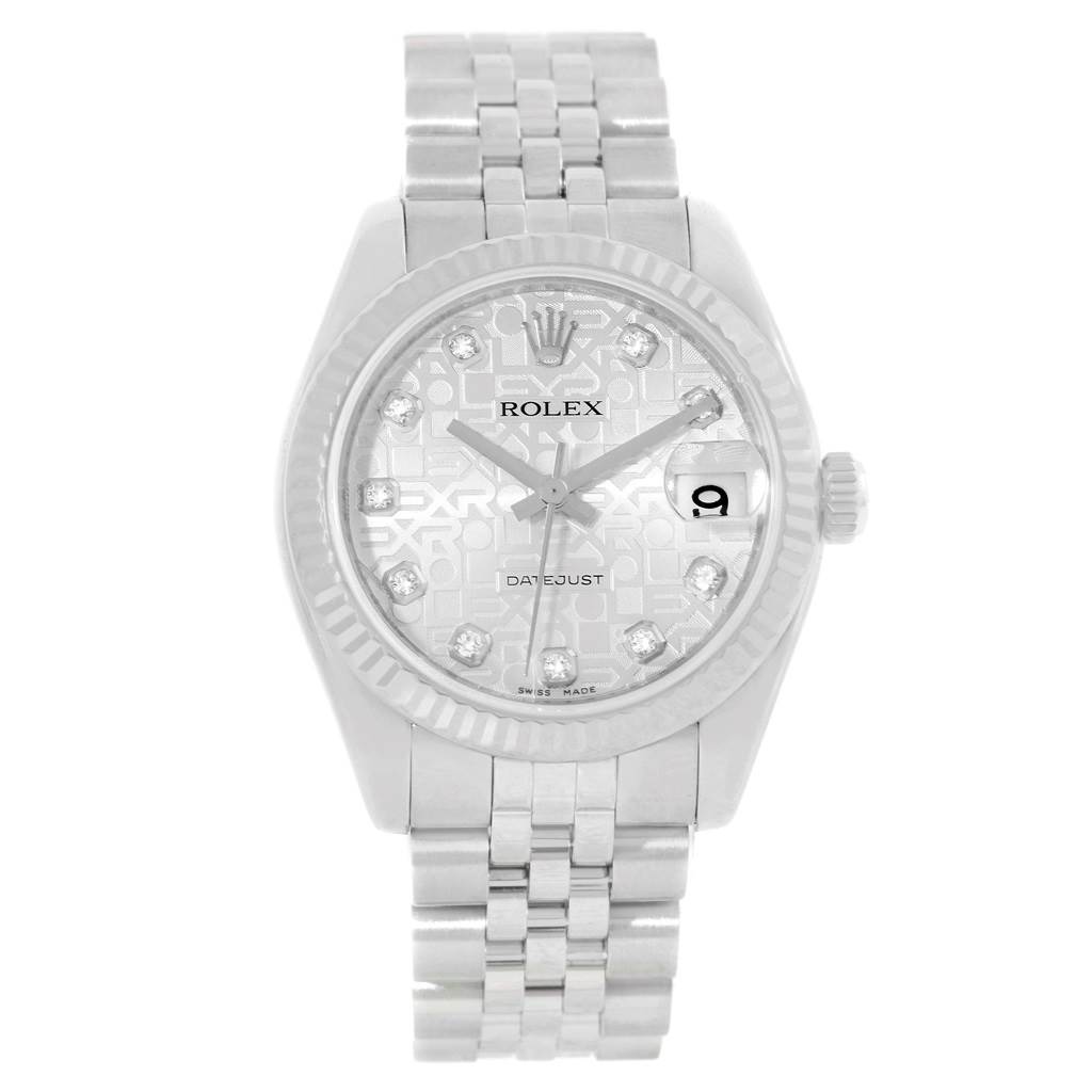 This image shows the front view of a Rolex Mid-Size 178274 Women's Stainless Steel Silver Dial 178274 Women's Stainless Steel Silver Dial Datejust watch displaying the dial, bezel, and bracelet.