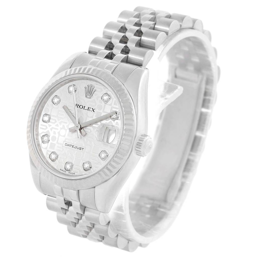 The image shows a Rolex Datejust Mid-Size model at a three-quarter angle, highlighting the face, bezel, crown, and bracelet.