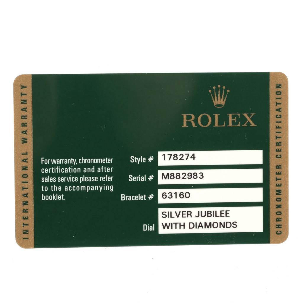 The image shows the warranty and certification card for a Mid-Size Rolex watch, model number 178274, with a Silver Jubilee dial with diamonds.